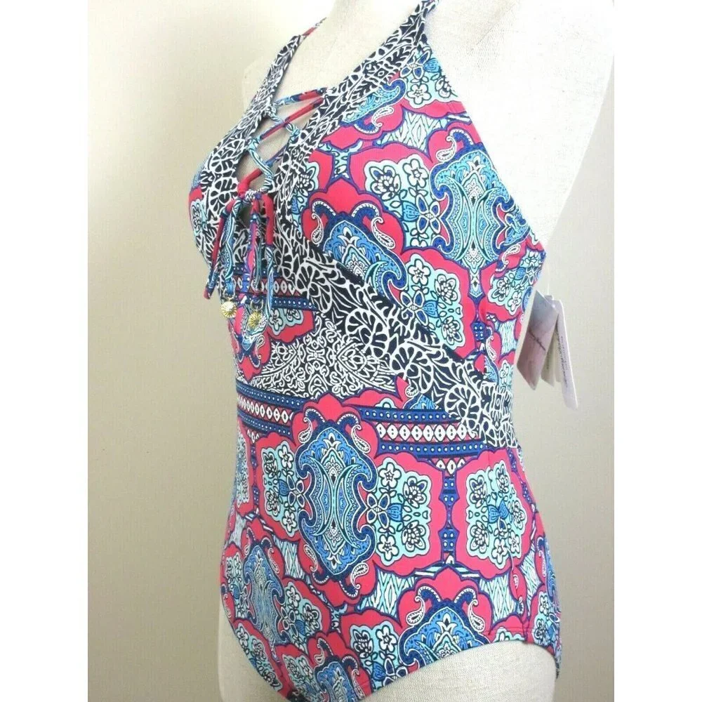 COPY - Tommy Bahama Womens Riviera Tile Lace Front 1 Piece Swimsuit Cerise Size…